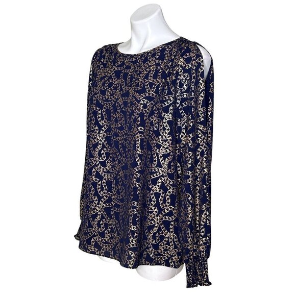 MICHAEL Michael Kors Chain Pattern Blouse, Navy Gold Slit Sleeves Women's Size L - Picture 7 of 10